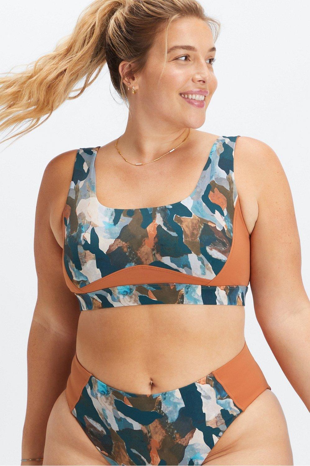 Fabletics Scoop Back Swim Bra Womens Paintbrush Camo/Sequoia Size XXS Product Image