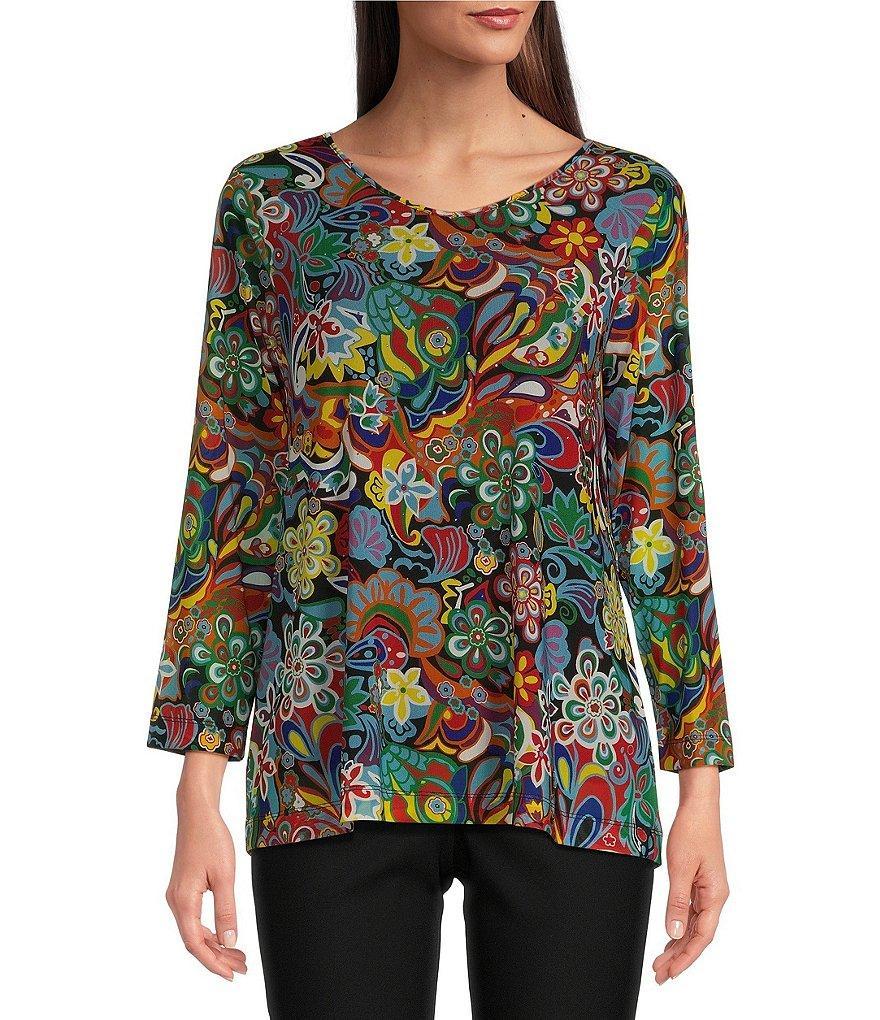 Ali Miles Knit Mesh Retro Floral Print Scoop Neck Long Sleeve Pullover Top product image