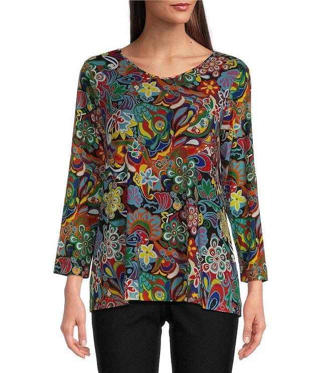 Ali Miles Knit Mesh Retro Floral Print Scoop Neck Long Sleeve Pullover Top Product Image