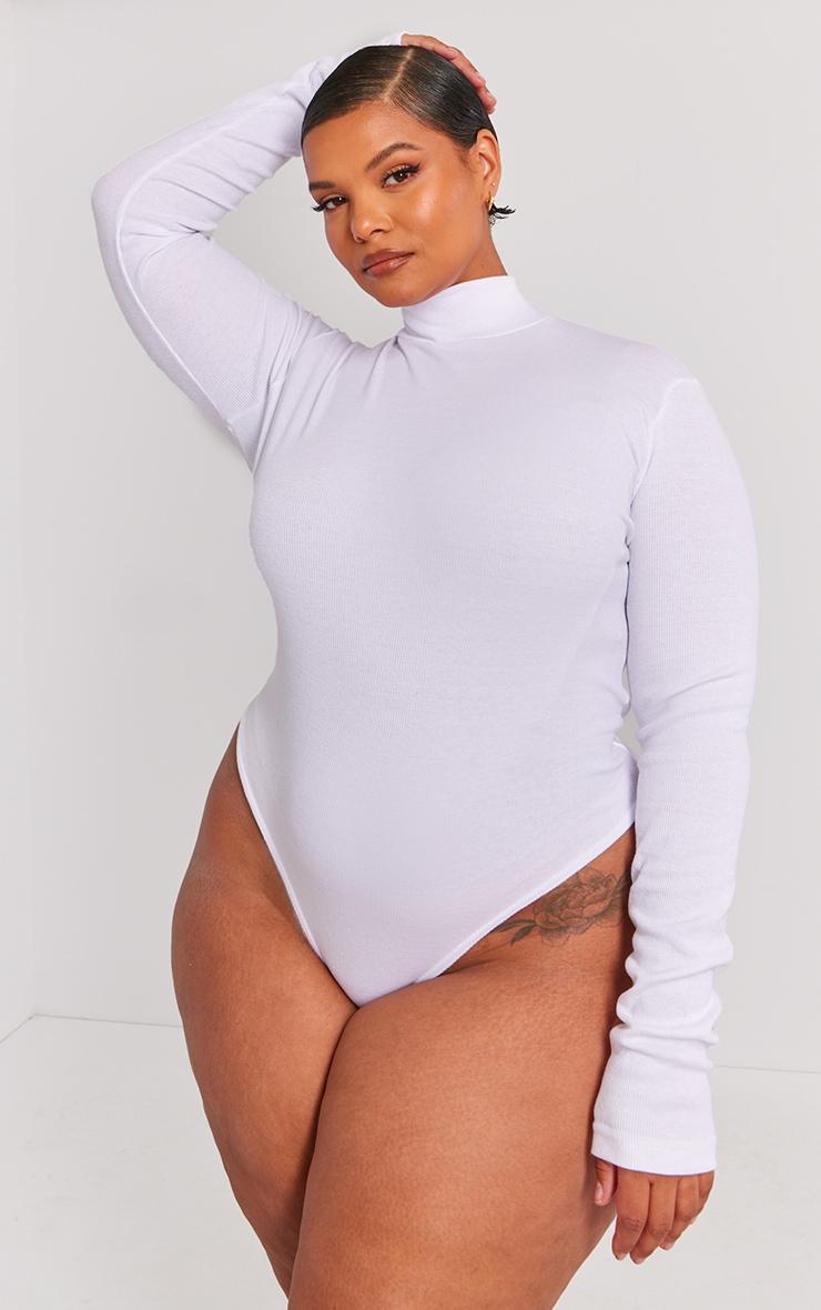 Plus White Basic Rib Long Sleeve High Neck Bodysuit Product Image