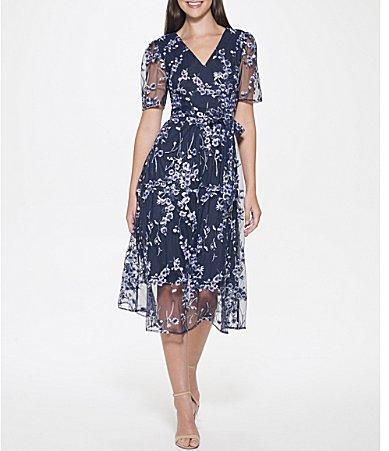 Kensie Womens Floral Embroidered Belted Midi Dress - Navy Product Image