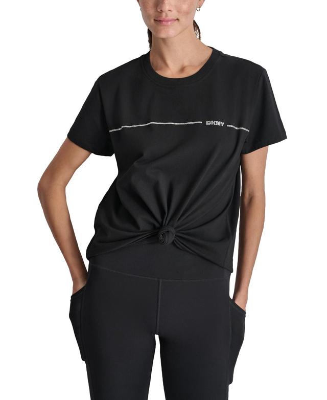 Dkny Sport Womens Cotton Rhinestone-Logo Knot-Front T-Shirt Product Image