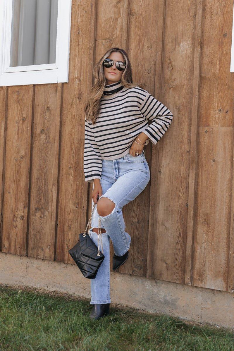 Mocha Striped Long Sleeve Turtleneck Sweater Product Image