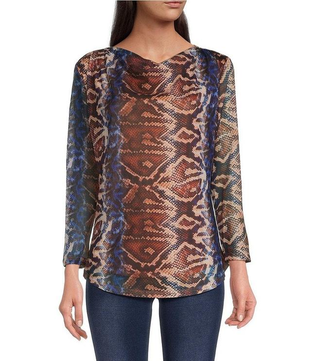 Calessa Mesh Knit Abstract Snake Print Drape Neck Long Sleeve Top Product Image