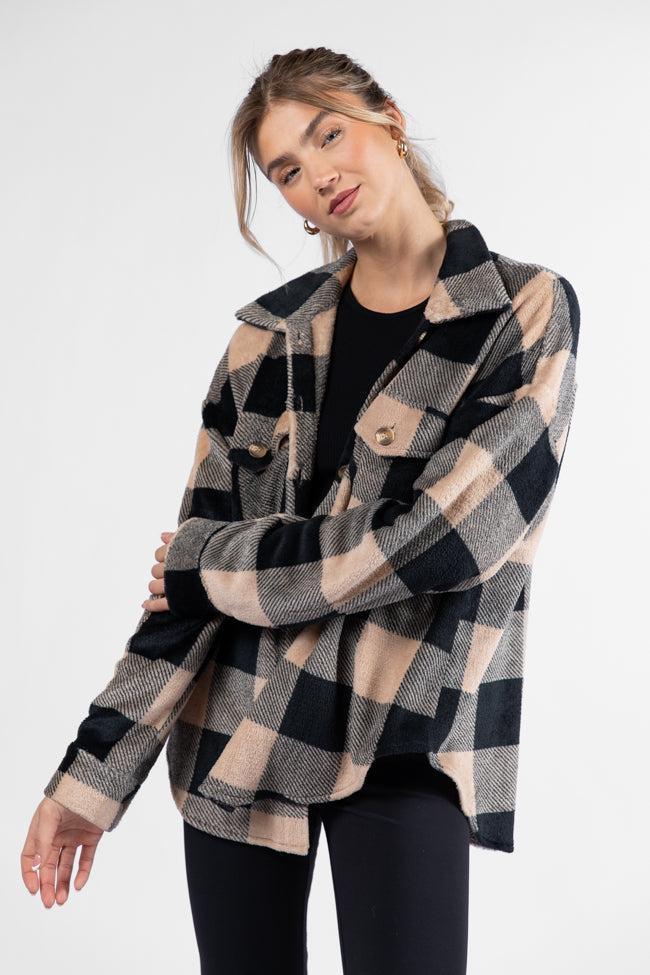 Wind Down Black and Tan Fleece Plaid Shacket SALE Product Image