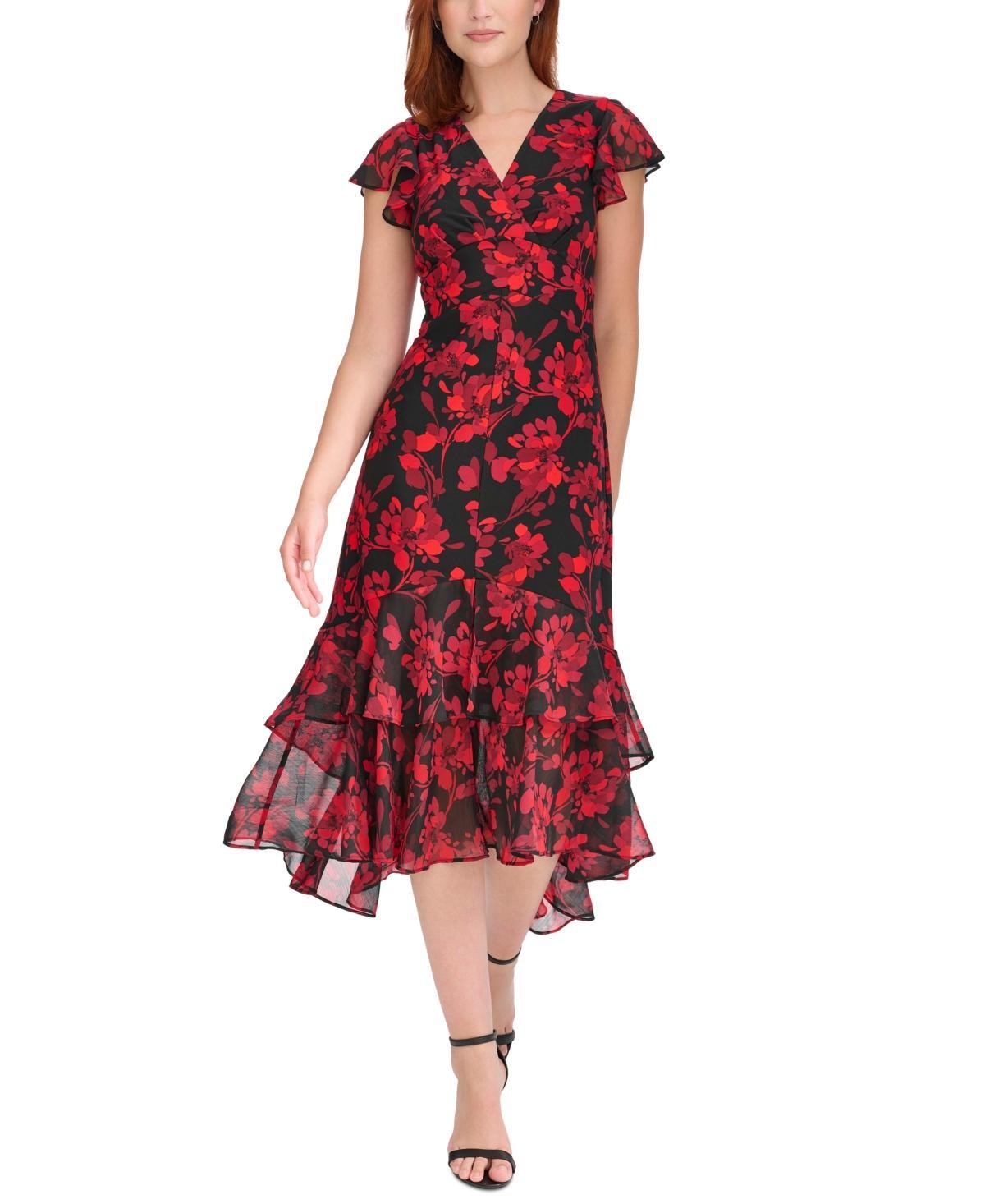 Tommy Hilfiger Womens Printed V-Neck Flutter-Sleeve Dress Product Image