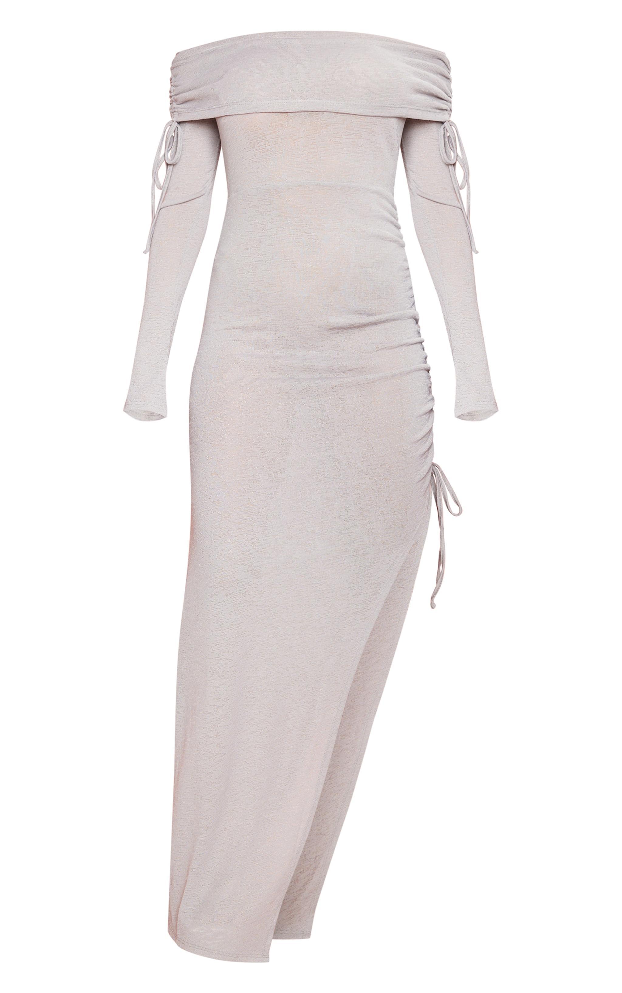 Grey Textured Jersey Bardot Ruched Midaxi Dress Product Image