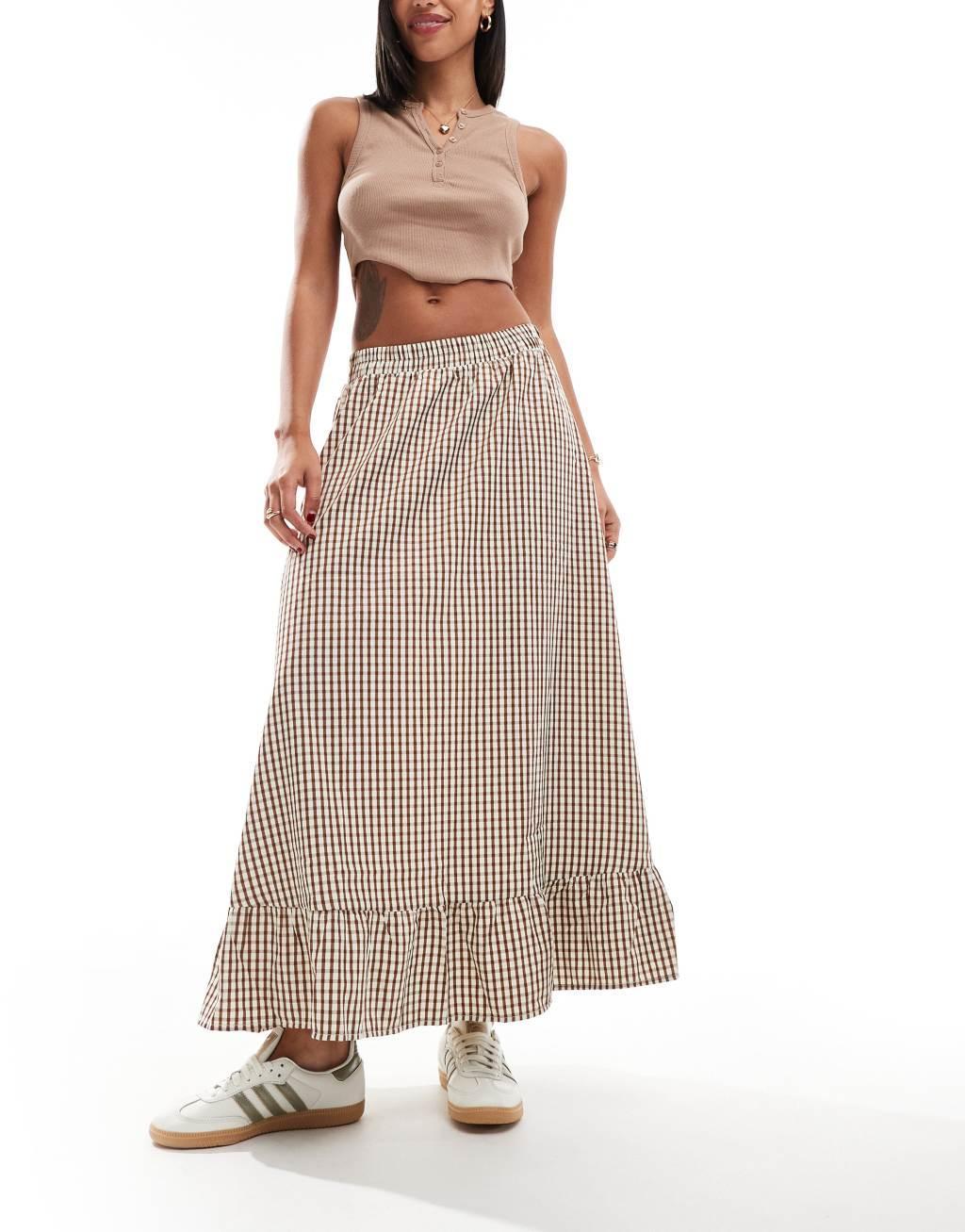 ONLY gingham maxi skirt in brown  Product Image