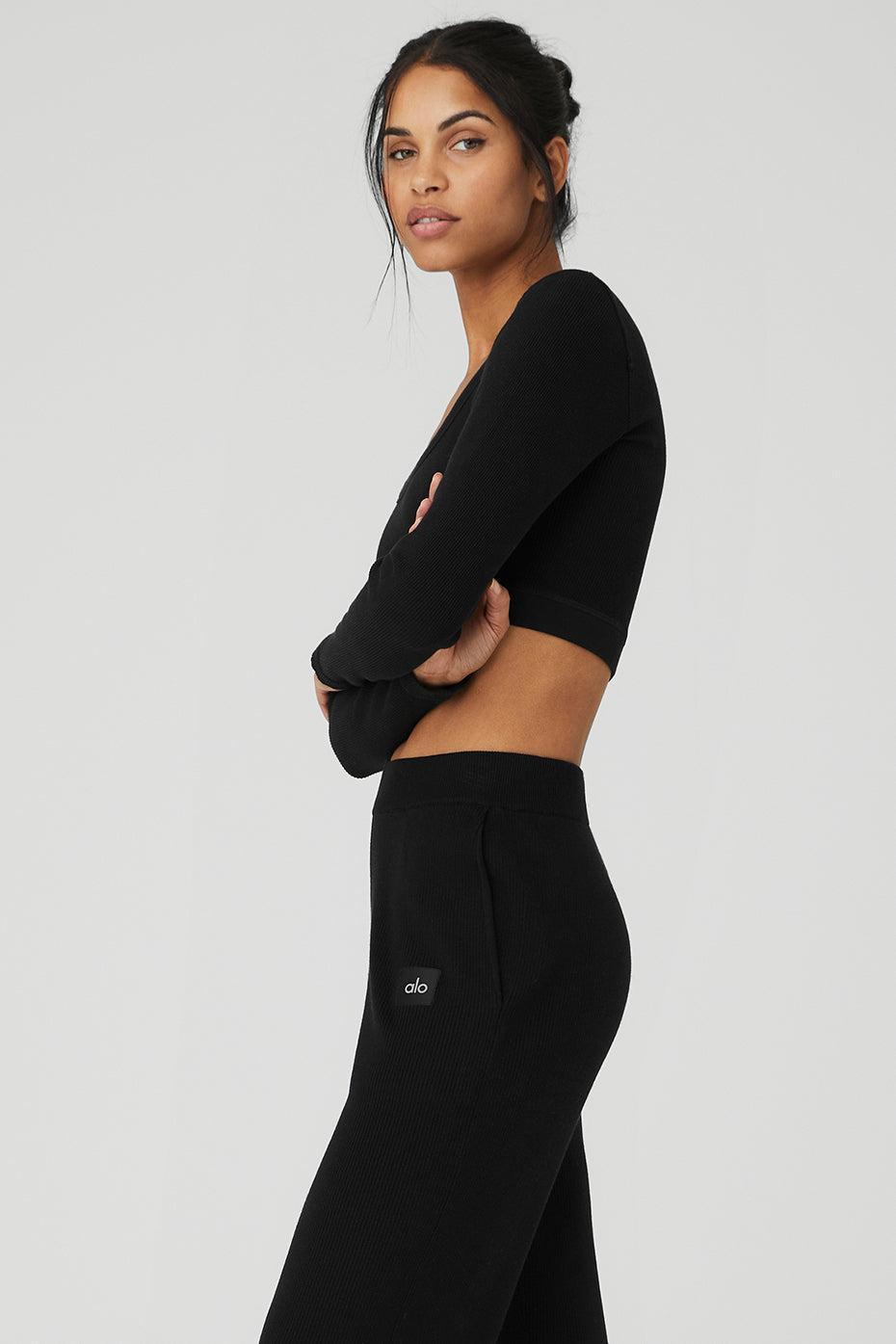 Seamless Ribbed Cropped Serene Long Sleeve - Black Product Image