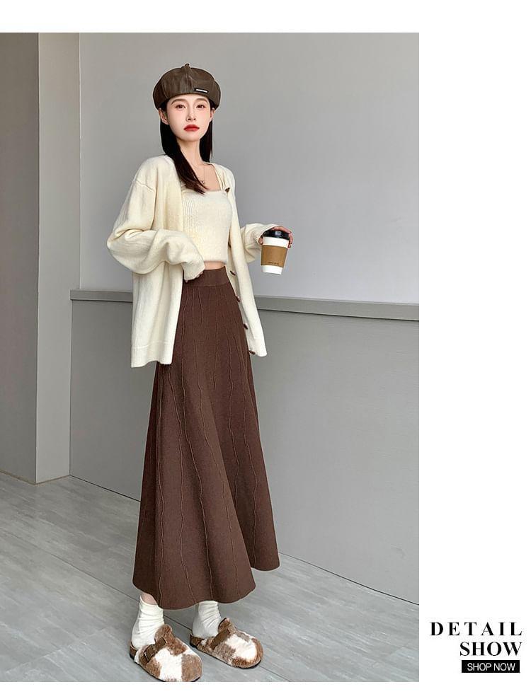 High Rise Plain Knit Midi A-Line Skirt Product Image