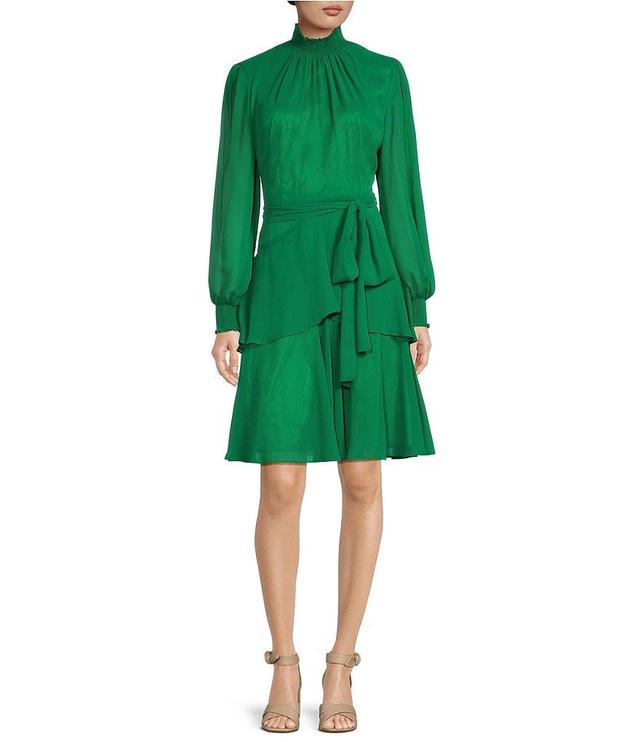 Alex Marie Rosalia Long Split Sleeve Smocked Mock Neck Tie Waist Layered A-Line Dress Product Image