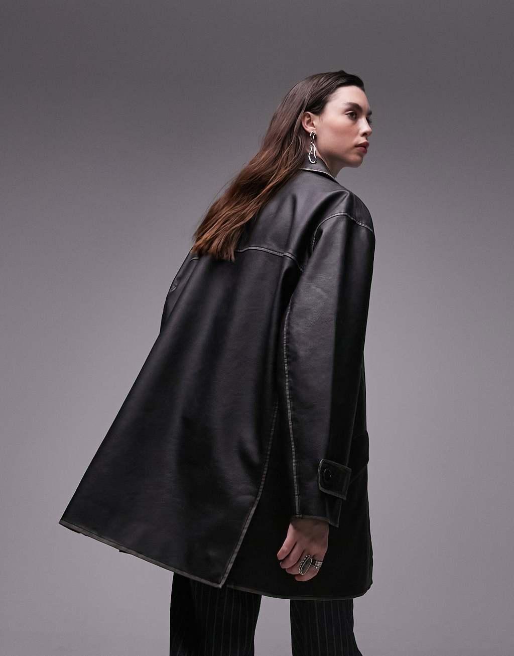 Topshop faux leather mid length coat in washed black Product Image