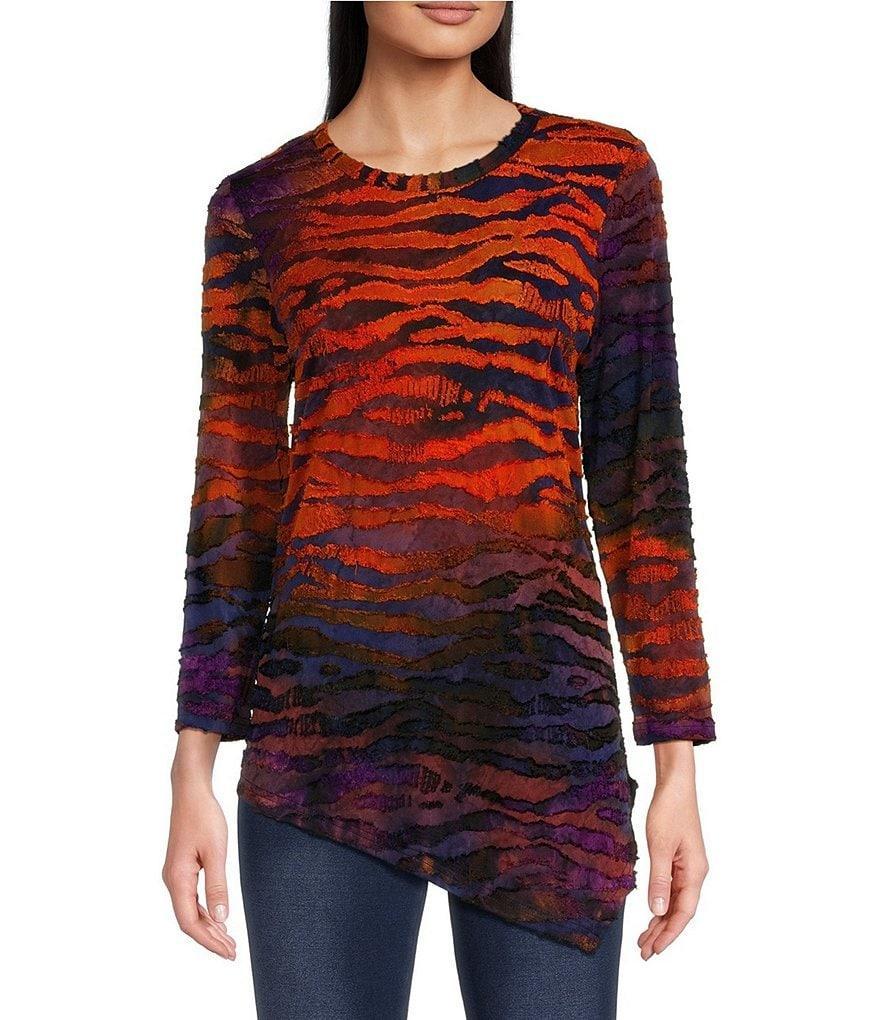 Calessa Burnout Tie Dye Print Crew Neck Long Sleeve Asymmetric Top Product Image