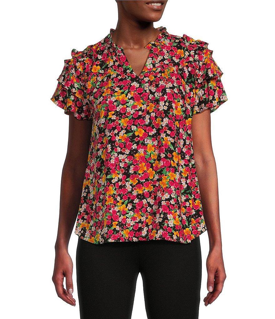 Calessa Woven Floral Print Split V Neck Short Sleeve Ruffle Pullover Top Product Image