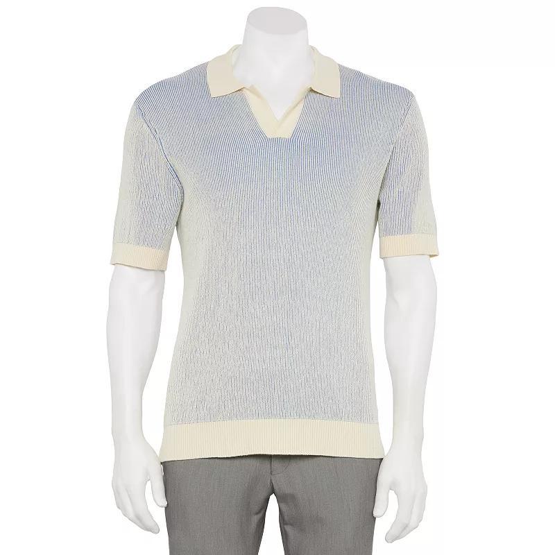 Mens For The Republic Short Sleeve Johnny Collar Ribbed Polo Grey Blue Product Image