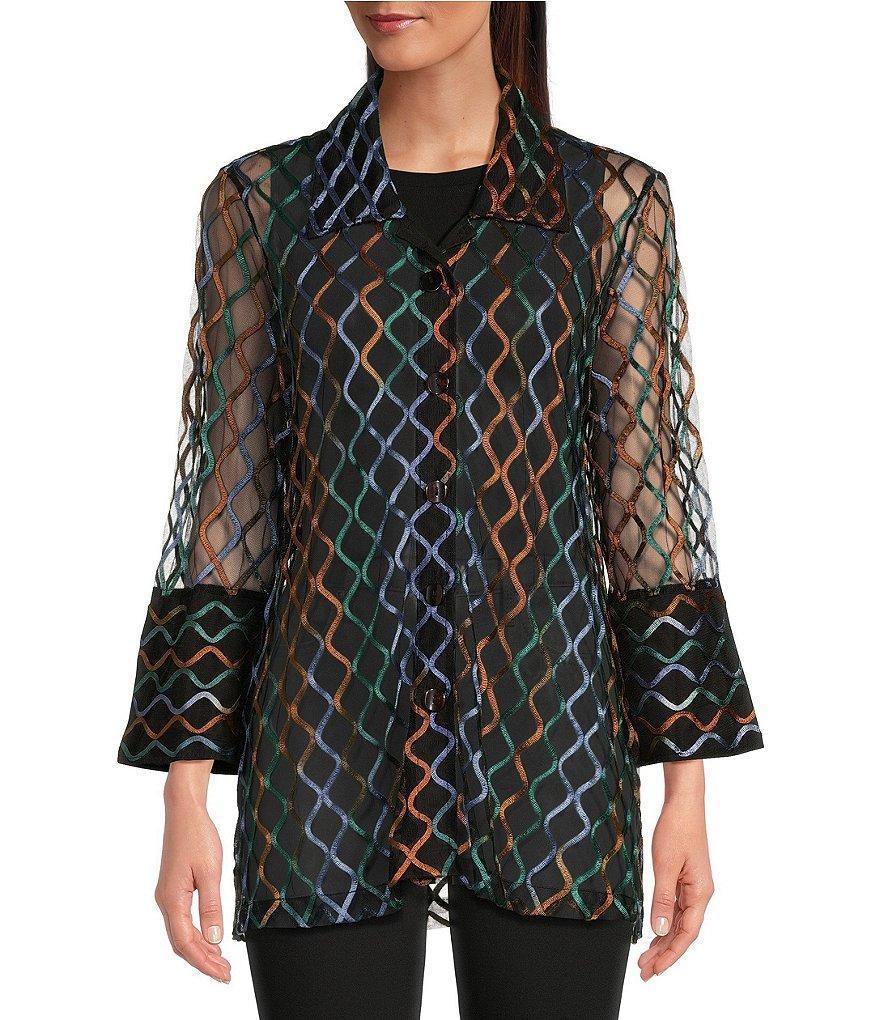 Ali Miles Knit Mesh Embroidered Collared 3/4 Sleeve Jacket Product Image