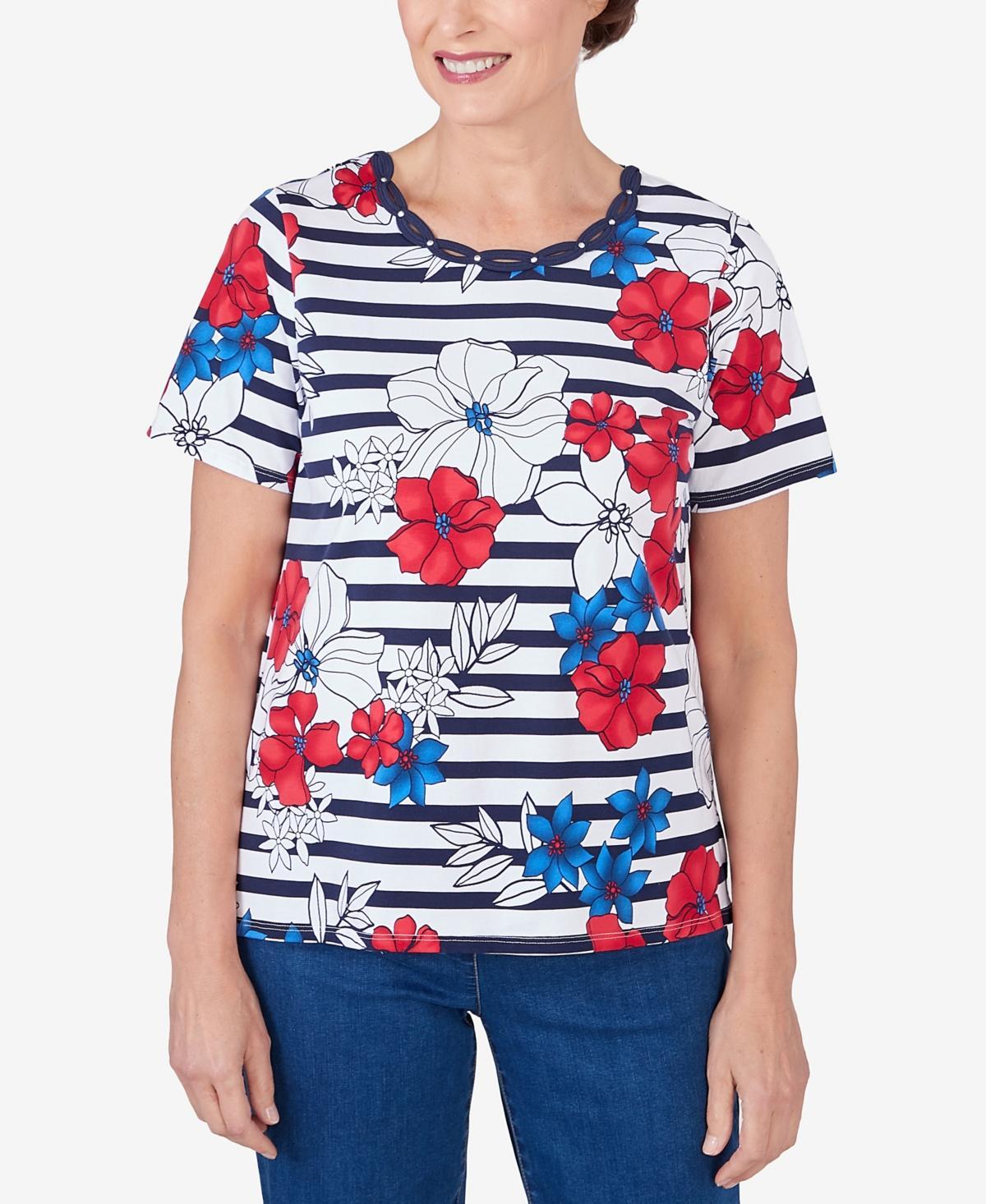 Womens Alfred Dunner Floral Stripe Braided Neck T-Shirt Product Image