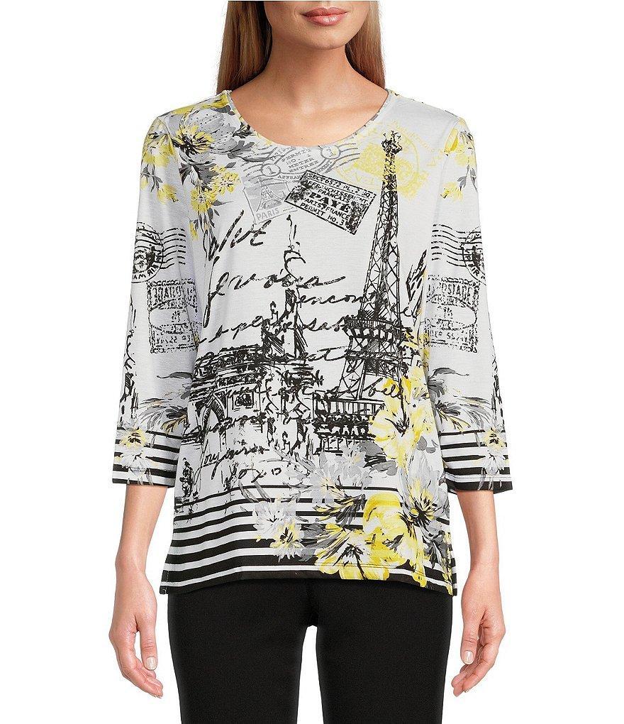 Allison Daley Petite Size Parisian Print 3/4 Sleeve Crew Neck Embellished Knit Top Product Image