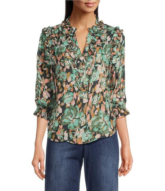 Democracy Woven Floral Print V-Neck 3/4 Ruffle Edge Sleeve Top Product Image