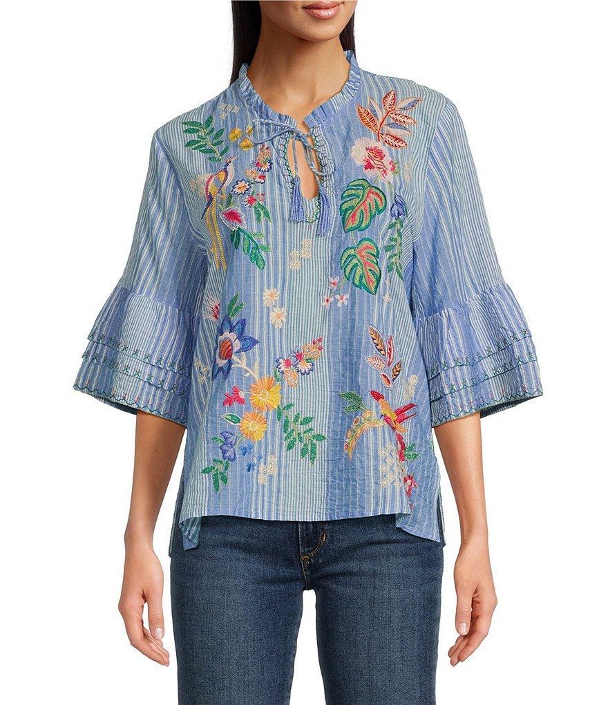 JOHNNY WAS Jeanette Embroidered Floral Stripe Print Split V-Neck 3/4 Ruffle Sleeve Blouse Product Image