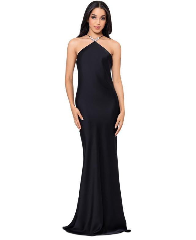 Betsy & Adam Womens Pave-Bead Satin Halter Gown Product Image