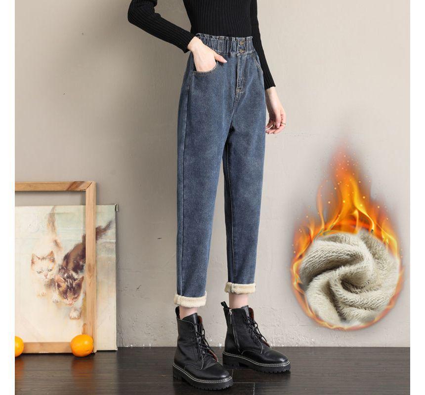 Elastic Waist Fleece-Lined Tapered Jeans Product Image