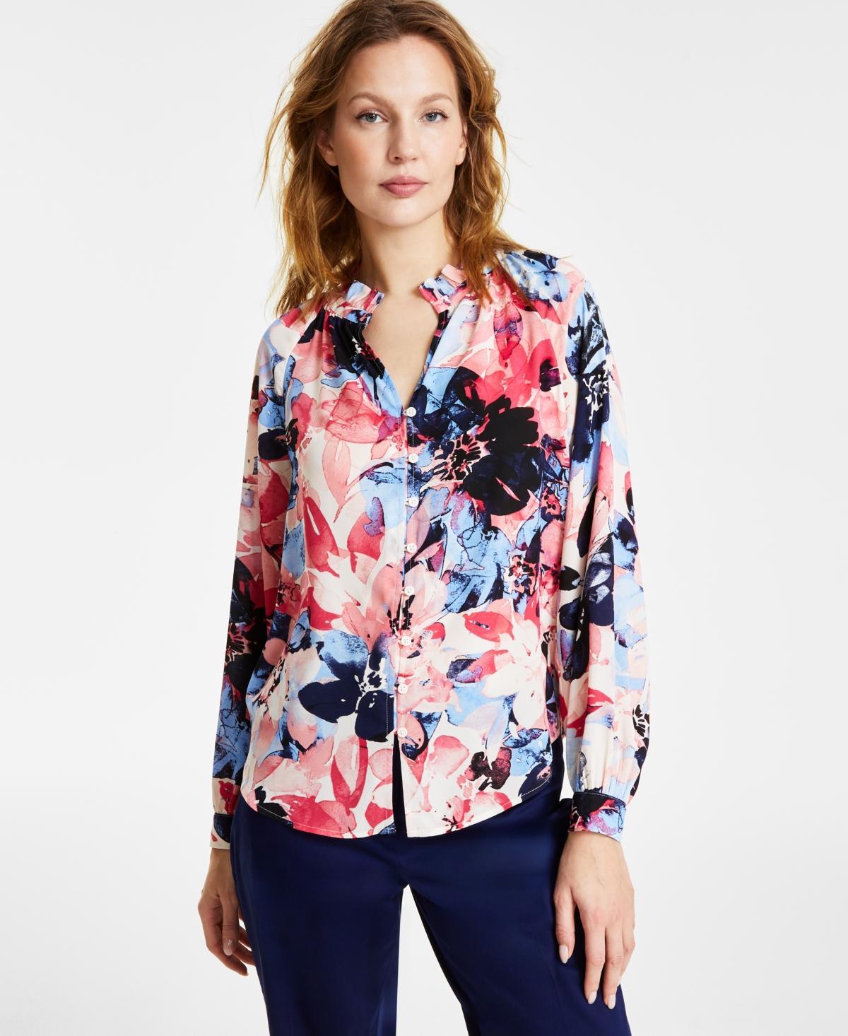 Jones New York Womens Printed Ruffled Split-Neck Blouse Product Image