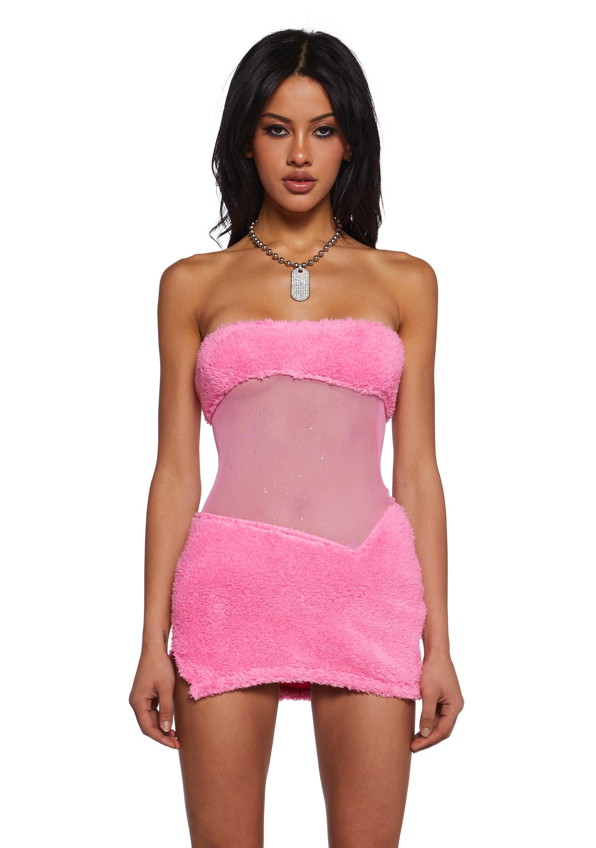 Sexy Womans Stretchy Sheer Mesh Rhinestone Faux Fur Sherpa Mini Dress - Pink Product Image