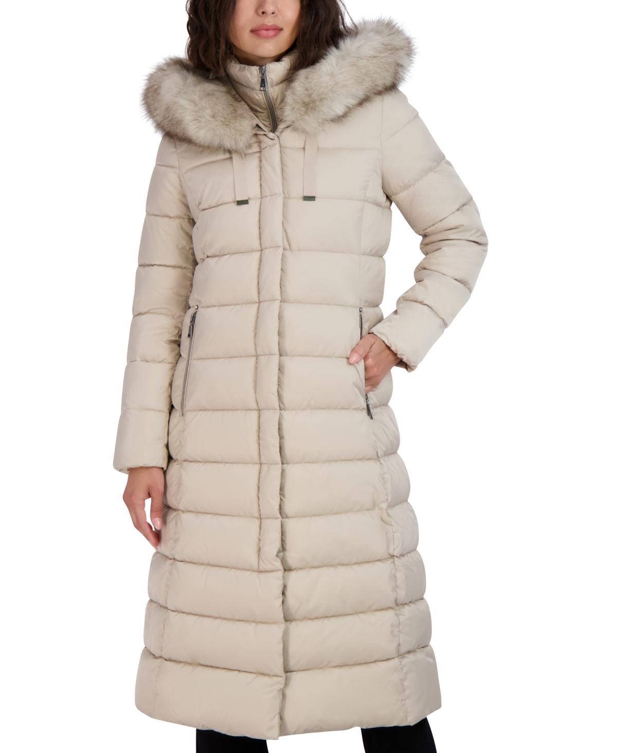 Tahari Womens Maxi Shine Bibbed Faux-Fur-Trimmed Hooded Puffer Coat Product Image