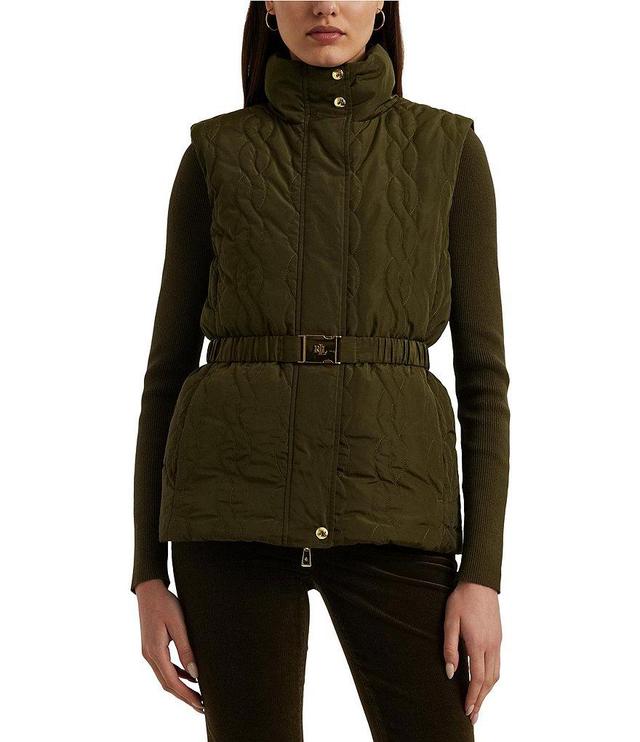 Lauren Ralph Lauren Tealean Cable-Quilted Tweed Down Elasticized Self-Belt Vest Product Image