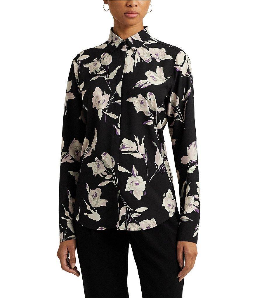 Lauren Ralph Lauren Kristy Floral Long Sleeve Point Collar Button Front Blouse Product Image