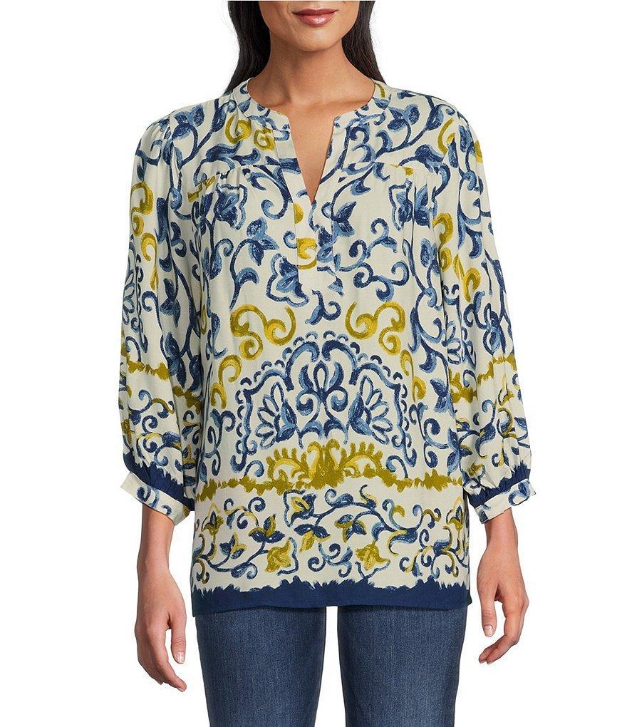 Figueroa & Flower Petite Size Woven Border Print Banded Split V-Neck Long Sleeve Shirt Product Image