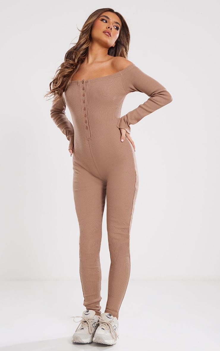  Camel Off The Shoulder Button Front Ribbed Jumpsuit Product Image