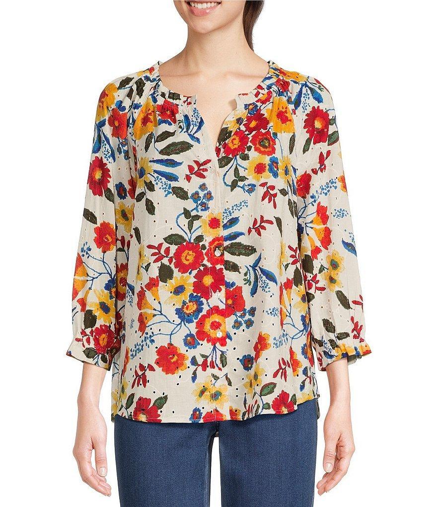 Intro Embroidered Floral Print Split Round Neck 3/4 Balloon Sleeve Ruffle Trim Button-Front Boho Peasant Top product image