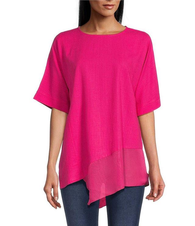 Calessa Round Neck Elbow Sleeve Asymmetrical Hem Tunic Product Image