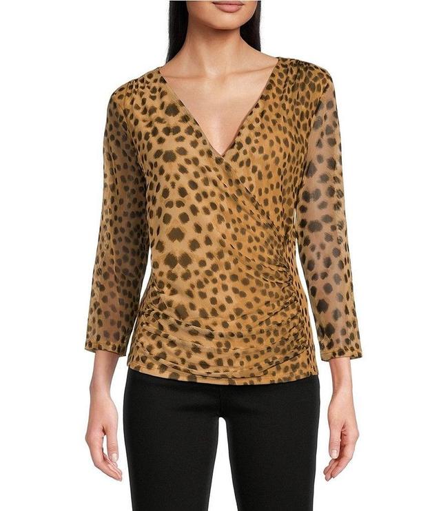 DKNY Animal Printed Mesh 3/4 Sleeve Faux Wrap Top Product Image