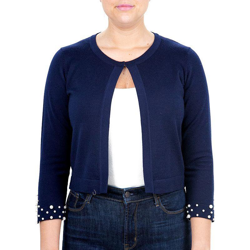 Womens Nina Leonard Simulated-Pearl Trim Bolero Blue Product Image