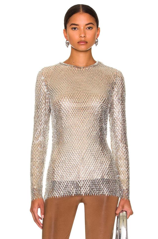 Burberry Embroidered Long Sleeve Top in Metallic Silver Product Image