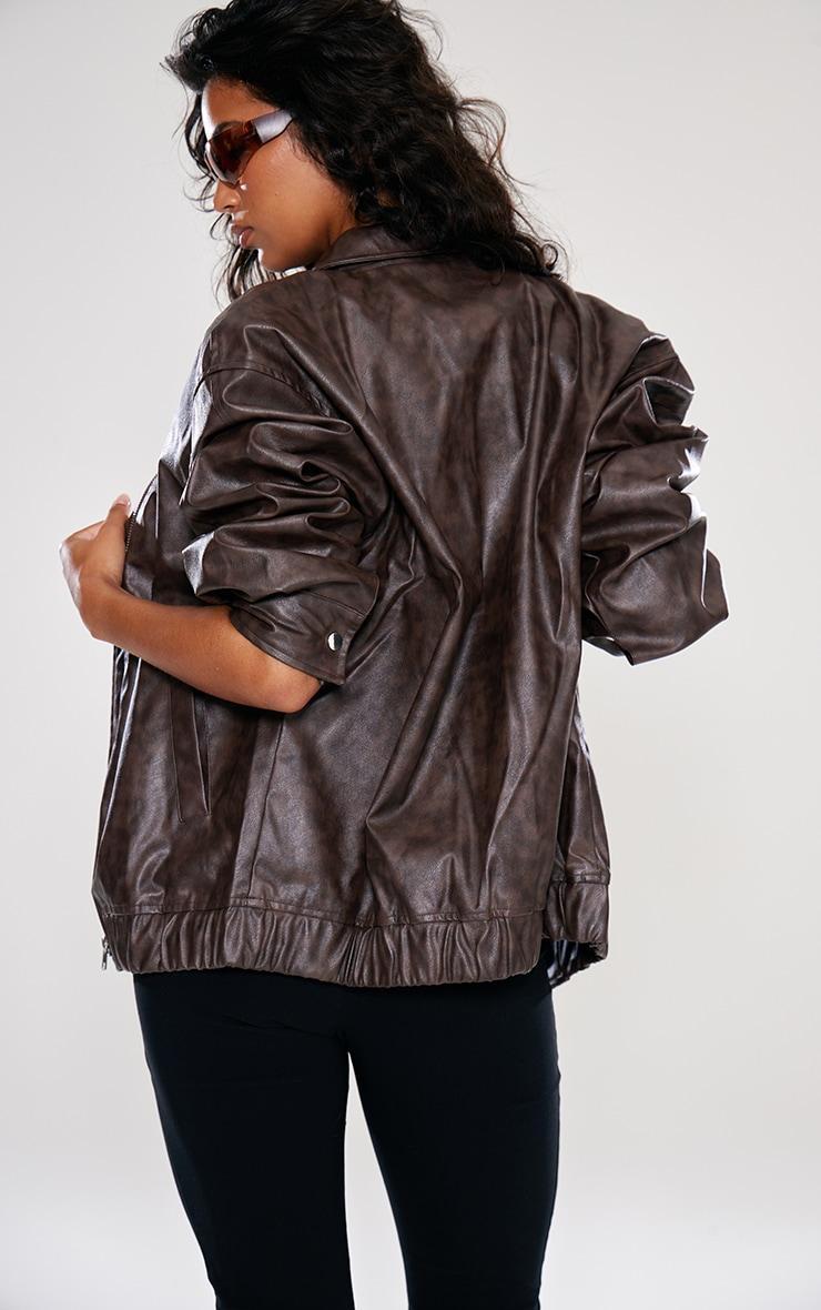 Brown Faux Leather Vintage Look Bomber Jacket Product Image