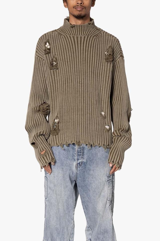 Distressed Crop Knit Sweater - Olive Product Image