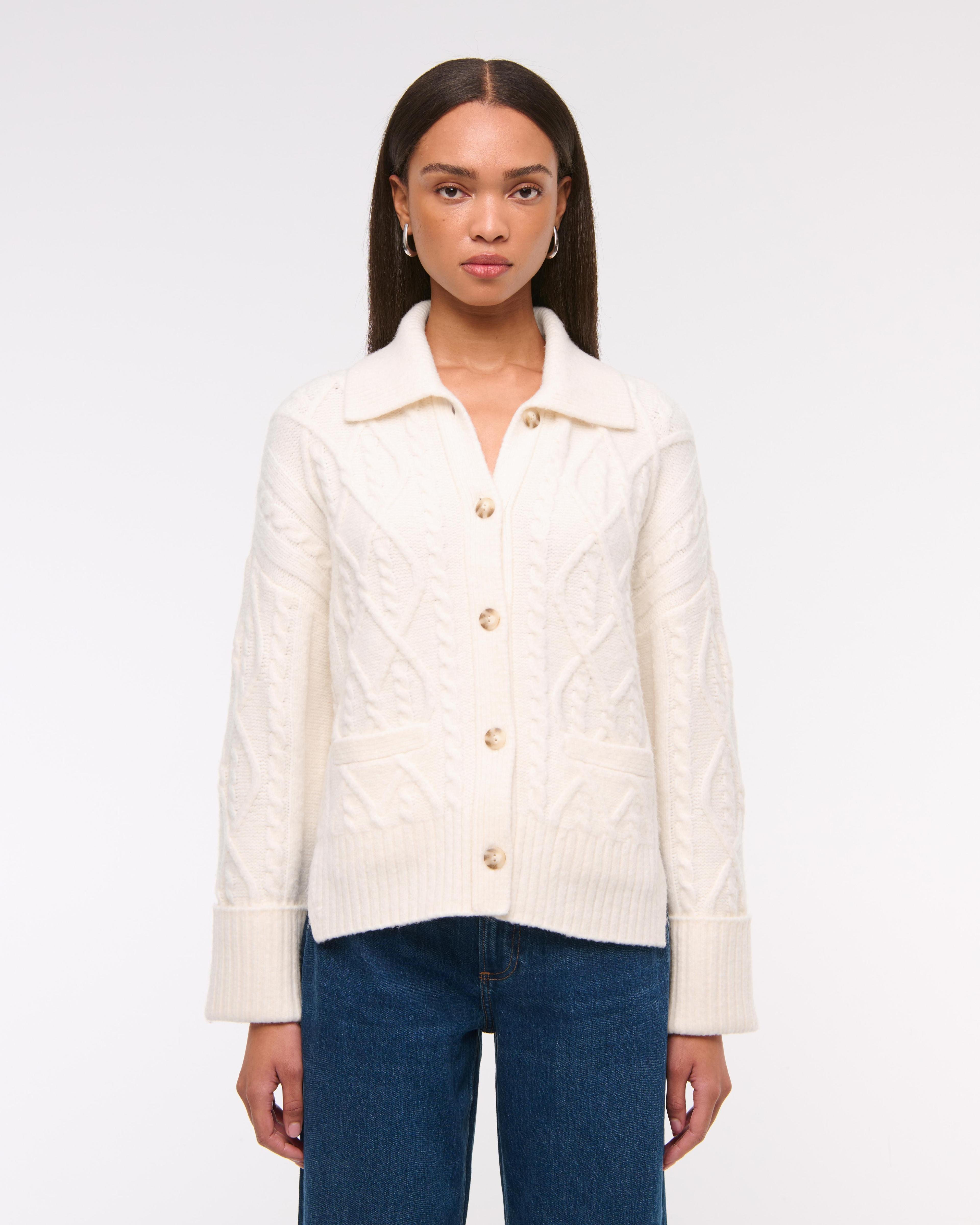 Cable-Knit Collared Cardigan Product Image