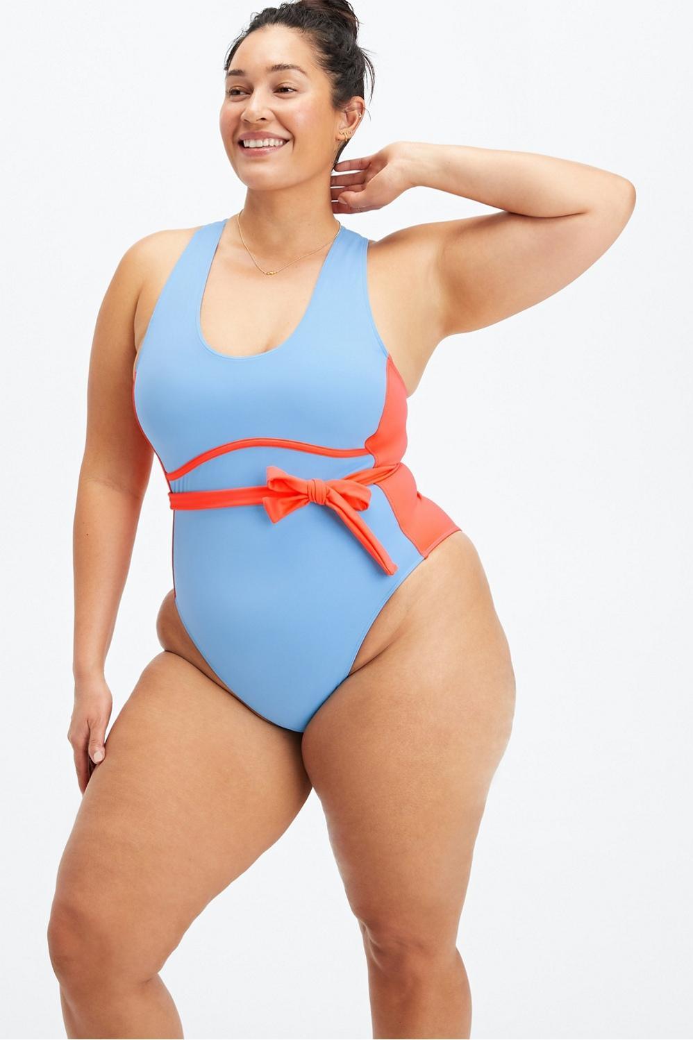 Fabletics Lace-Up Racerback Swimsuit Womens Island Escape/Orange Nectar Size XXS Product Image