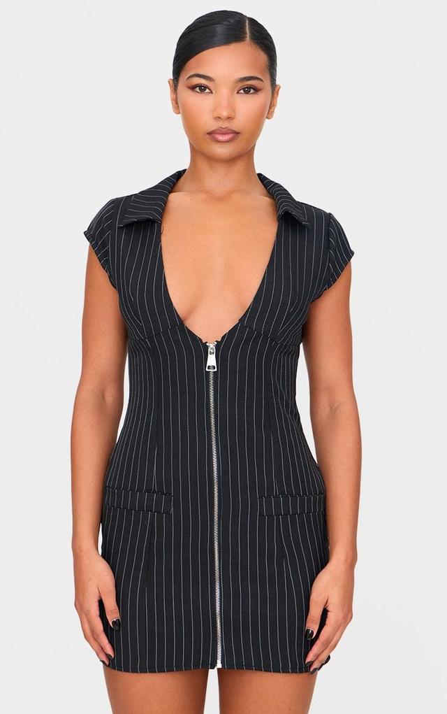  Black Pinstripe Pocket Detail Zip Up Mini Dress Product Image