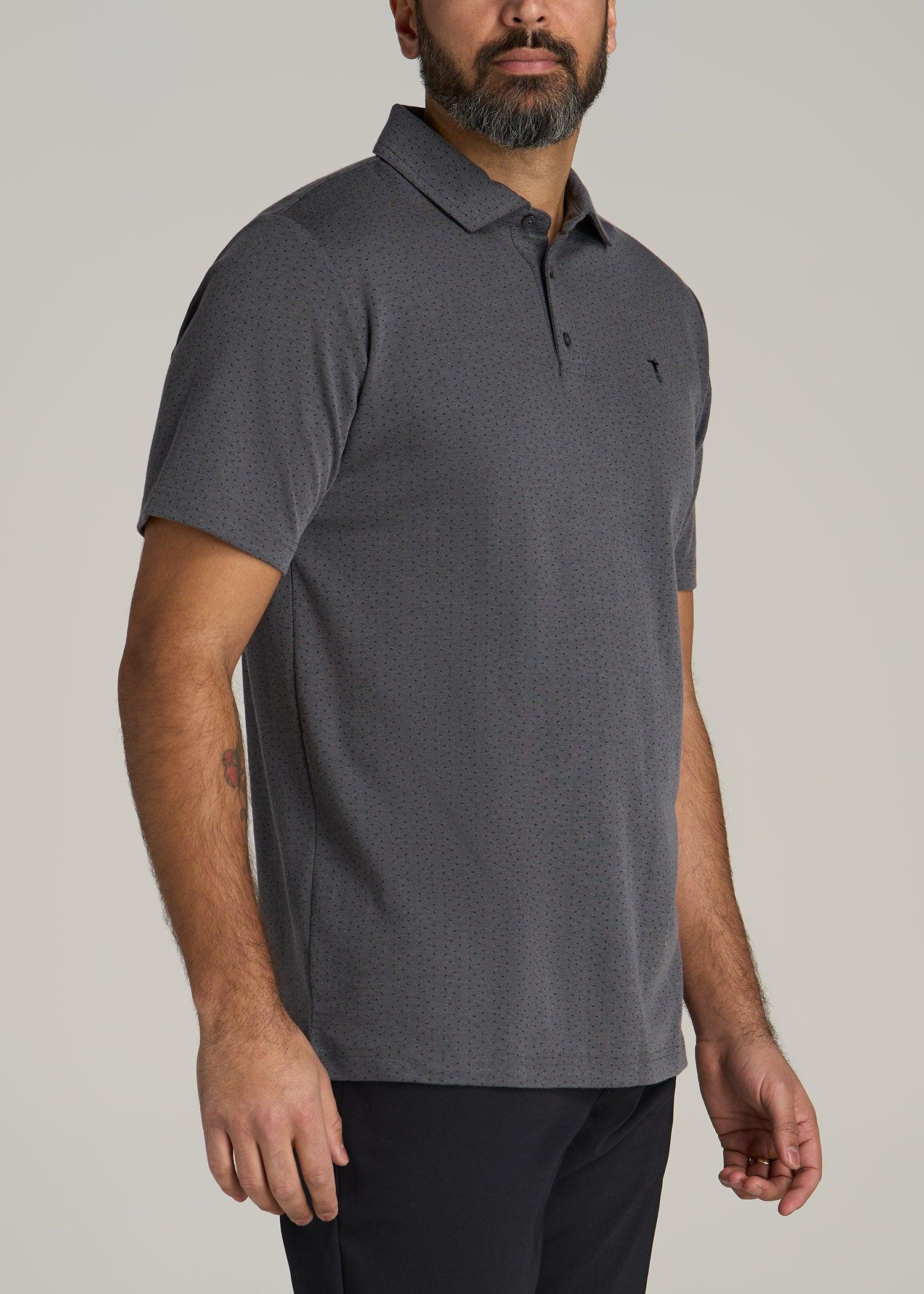 Cotton Stretch Print Polo Shirt for Tall Men in Charcoal Pindot Product Image