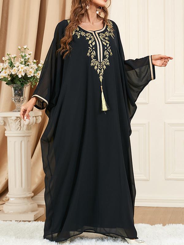 Batwing Sleeves Long Sleeves Embroidered Gauze Tasseled Round-Neck Maxi Dresses product image