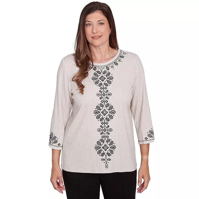 Petite Alfred Dunner Center Embroidered Medallion Textured Top, Womens Grey Product Image