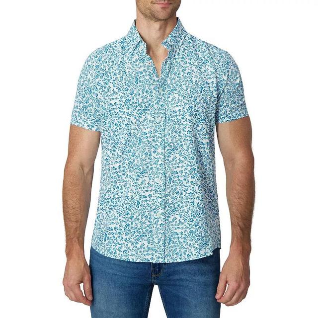 Mens Report Collection Short Sleeve Stretch Tropical Print Woven Button-Down Shirt Blue Product Image