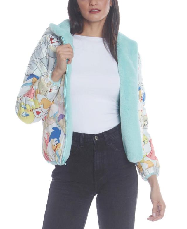 Members Only Womens Faux Rabbit Fur Reversible Bomber Looney Tunes Satin Mashup Print Lining Jacket Product Image