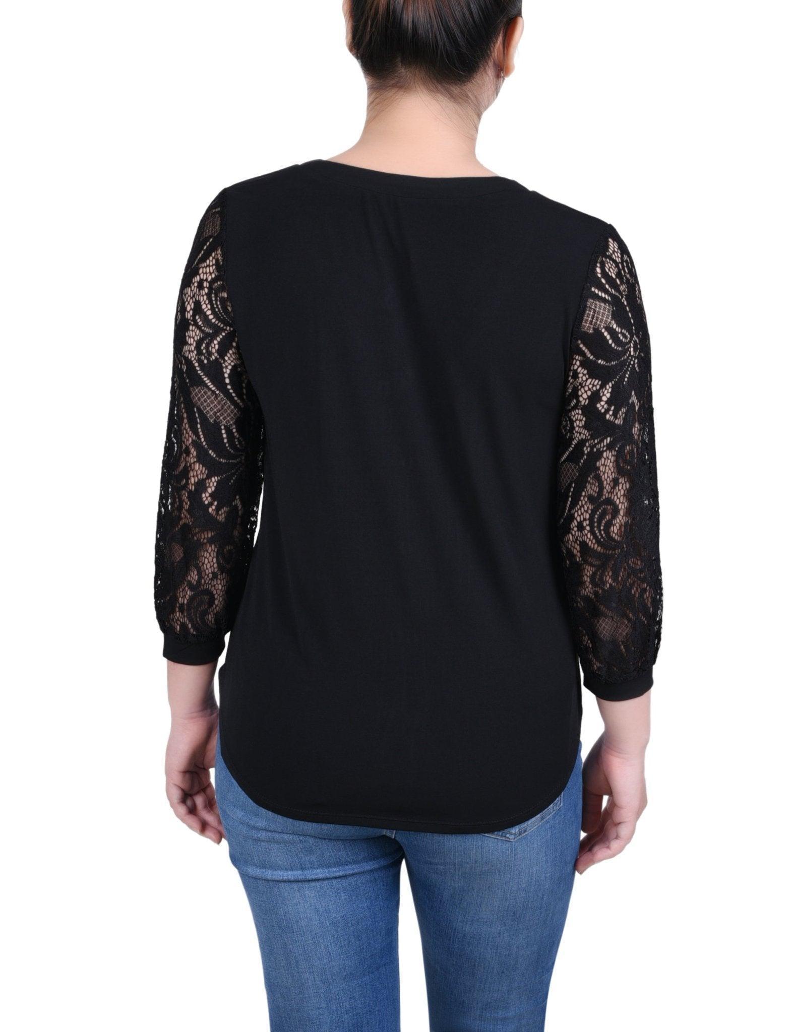 Lace-Sleeve V Neck Top - Petite Product Image