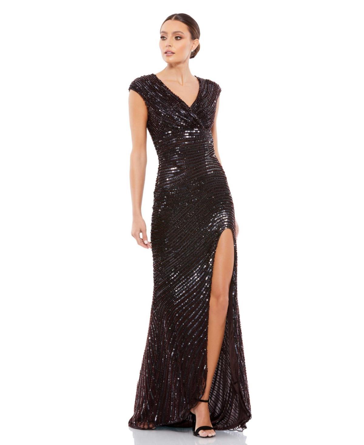 Mac Duggal Sequin Embellished Cap Sleeve Trumpet Gown Product Image